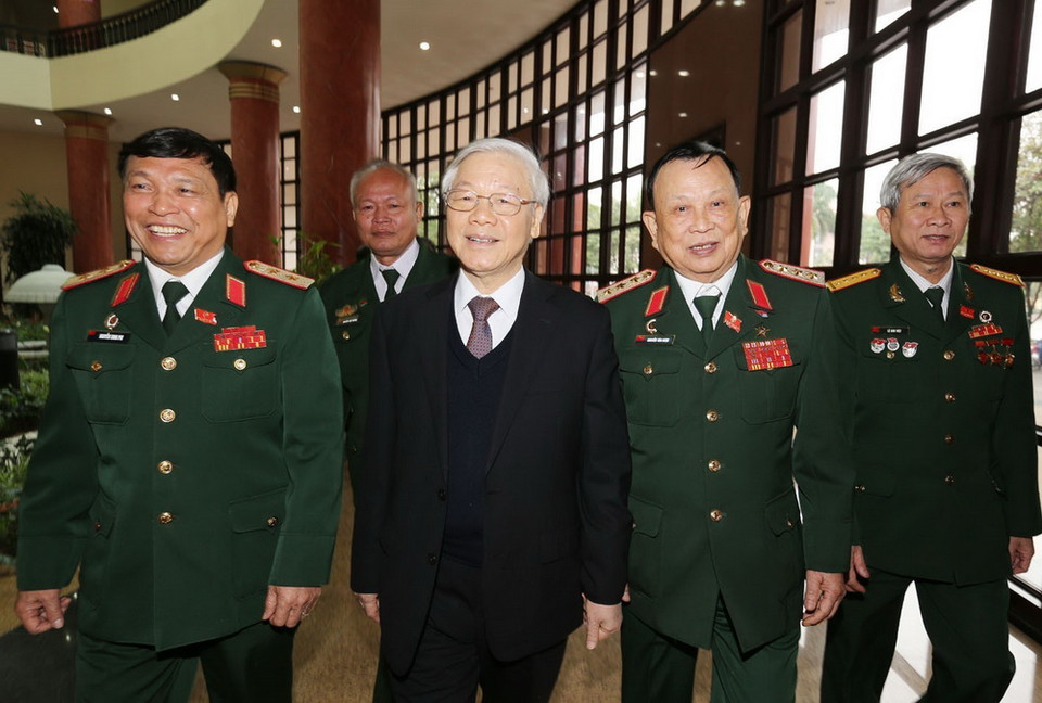 Tổng Bí thư Nguyễn Phú Trọng với các đại biểu dự Đại hội. (Ảnh: Trí Dũng/TTXVN)