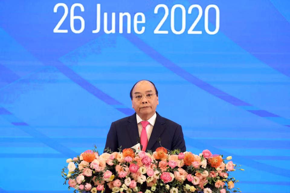 Thủ tướng Nguyễn Xuân Phúc, Chủ tịch ASEAN 2020 phát biểu khai mạc Hội nghị Cấp cao ASEAN lần thứ 36. (Ảnh: Thống Nhất/TTXVN)