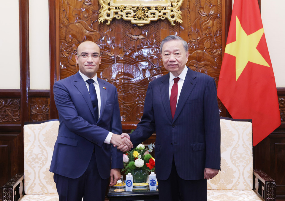 Tổng Bí thư, Chủ tịch nước Tô Lâm tiếp Đại sứ Algeria tại Việt Nam Sofiane Chaib đến trình Quốc thư. (Ảnh: Lâm Khánh/TTXVN)