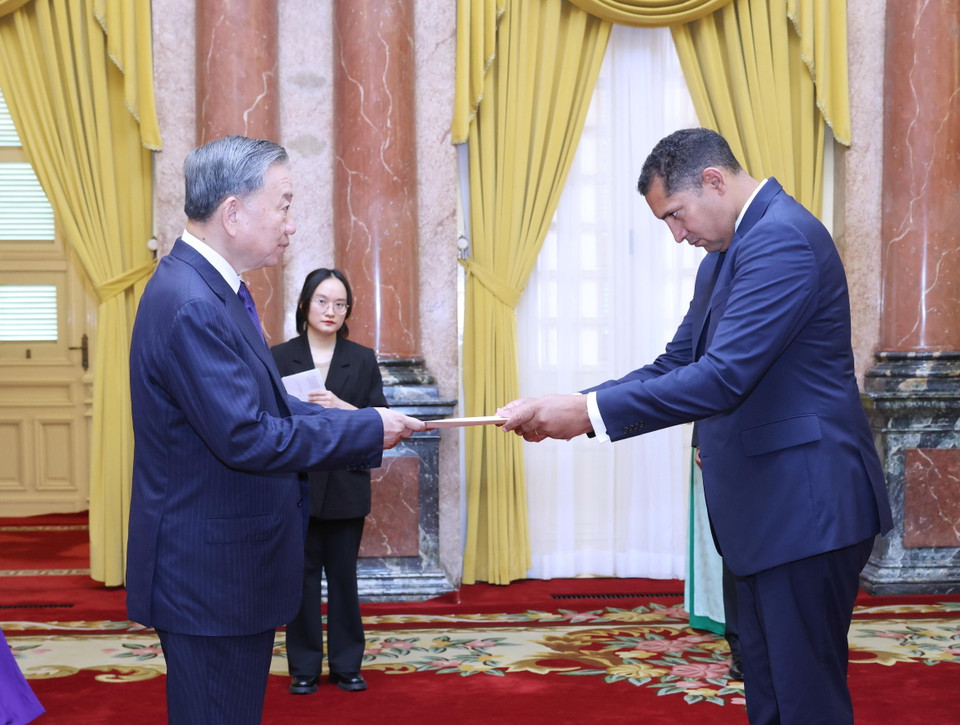 Tổng Bí thư, Chủ tịch nước Tô Lâm nhận Quốc thư từ Đại sứ Vương quốc Thụy Điển tại Việt Nam Johan Ndisi. (Ảnh: Lâm Khánh/TTXVN)