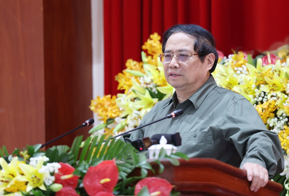 Thủ tướng Phạm Minh Chính phát biểu kết luận buổi làm việc với Ban Thường vụ Tỉnh ủy Tiền Giang. (Ảnh: Dương Giang/TTXVN)