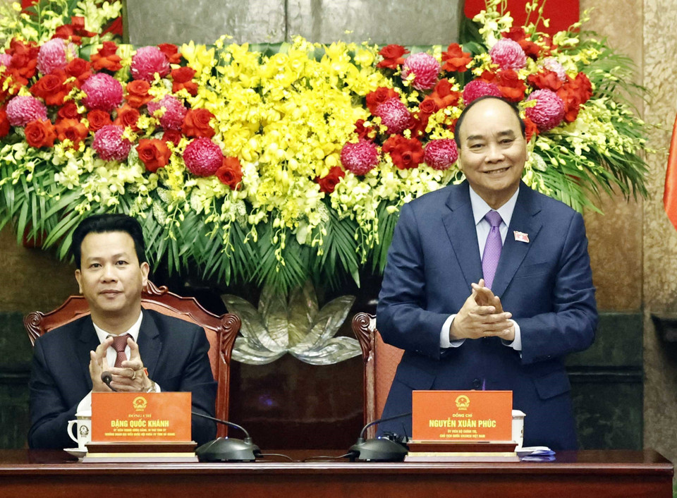 Chủ tịch nước Nguyễn Xuân Phúc tại buổi gặp mặt đoàn đại biểu người có uy tín tiêu biểu tỉnh Hà Giang. (Ảnh: Thống Nhất/TTXVN)