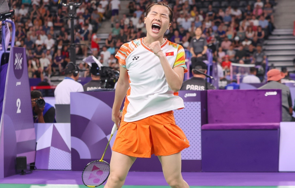 Niềm vui của Thuỳ Linh khi ghi điểm thành công. (Ảnh: Hoàng Linh/TTXVN)