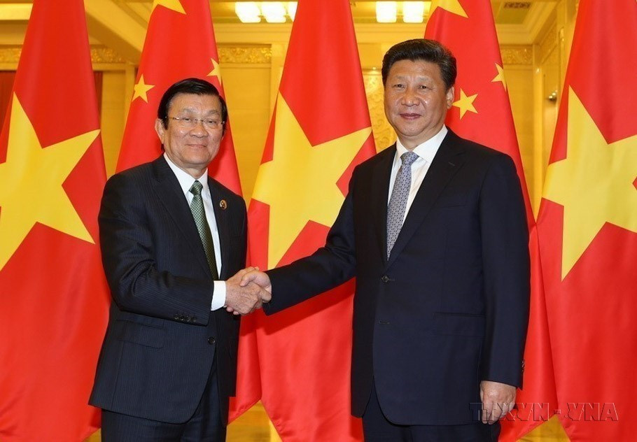 Chiều 3/9/2015, tại Bắc Kinh, Chủ tịch nước Trương Tấn Sang hội kiến Tổng Bí thư, Chủ tịch Trung Quốc Tập Cận Bình nhân dịp sang dự Lễ kỷ niệm 70 năm chiến thắng phátxít của nhân dân thế giới tại Bắc Kinh. (Ảnh: Nguyễn Khang/TTXVN)