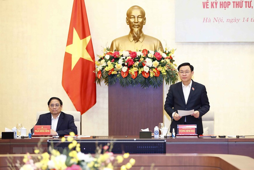 Ủy viên Bộ Chính trị, Bí thư Đảng đoàn Quốc hội, Chủ tịch Quốc hội Vương Đình Huệ và Ủy viên Bộ Chính trị, Bí thư Ban Cán sự Đảng Chính phủ, Thủ tướng Chính phủ Phạm Minh Chính chủ trì Hội nghị Đảng đoàn Quốc hội với Ban Cán sự đảng Chính phủ về Kỳ họp thứ tư, Quốc hội khóa XV. (Ảnh: Doãn Tấn/TTXVN)