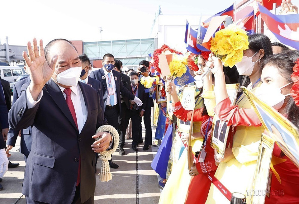 Lễ đón Chủ tịch nước Nguyễn Xuân Phúc thăm cấp nhà nước Vương quốc Campuchia từ ngày 21 đến 22/12/2021. (Ảnh: Thống Nhất/TTXVN)