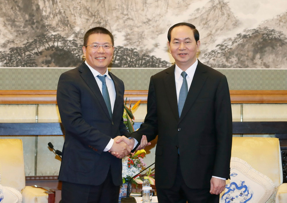 Chủ tịch nước Trần Đại Quang tiếp Chủ tịch Công ty Texhong Hồng Thiên Trúc. (Ảnh: Nhan Sáng/TTXVN)