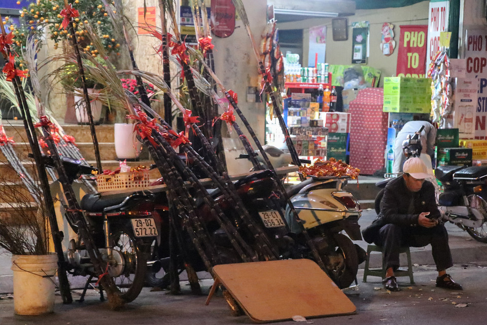 Những cây mía, túi lộc cũng bắt đầu được nhiều tiểu thương bày bán dọc các tuyến phố Thủ đô. (Ảnh: Việt Anh/Vietnam+)