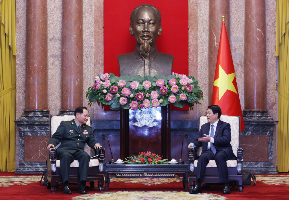 Chủ tịch nước Lương Cường tiếp Thượng tướng Trương Hựu Hiệp, Ủy viên Bộ Chính trị, Phó Chủ tịch Quân ủy Trung ương Trung Quốc. (Ảnh: Lâm Khánh/TTXVN)