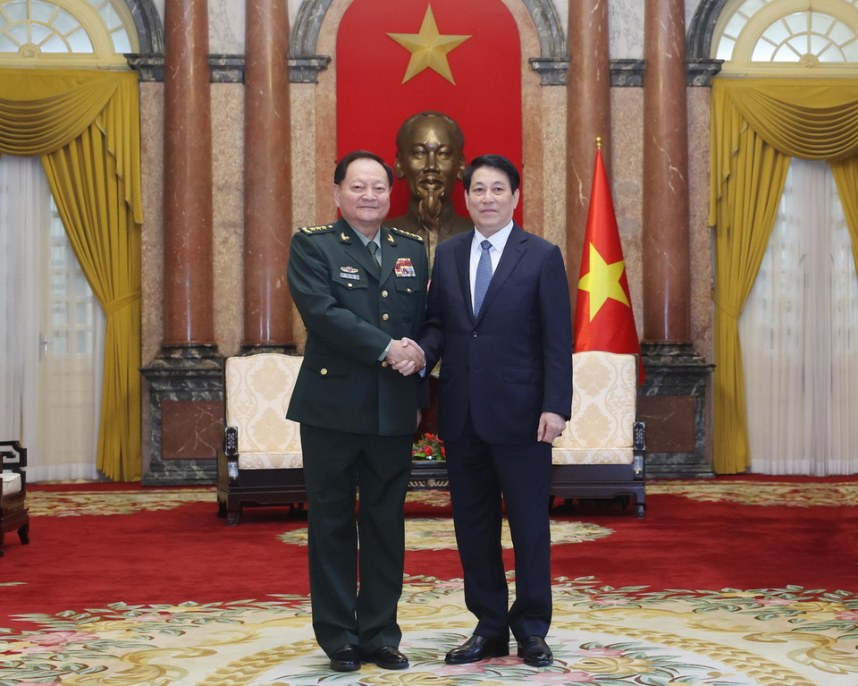 Chủ tịch nước Lương Cường tiếp Thượng tướng Trương Hựu Hiệp, Ủy viên Bộ Chính trị, Phó Chủ tịch Quân ủy Trung ương Trung Quốc. (Ảnh: Lâm Khánh/TTXVN)