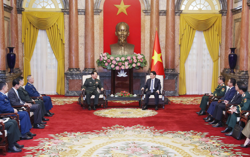 Chủ tịch nước Lương Cường tiếp Thượng tướng Trương Hựu Hiệp, Ủy viên Bộ Chính trị, Phó Chủ tịch Quân ủy Trung ương Trung Quốc. (Ảnh: Lâm Khánh/TTXVN)