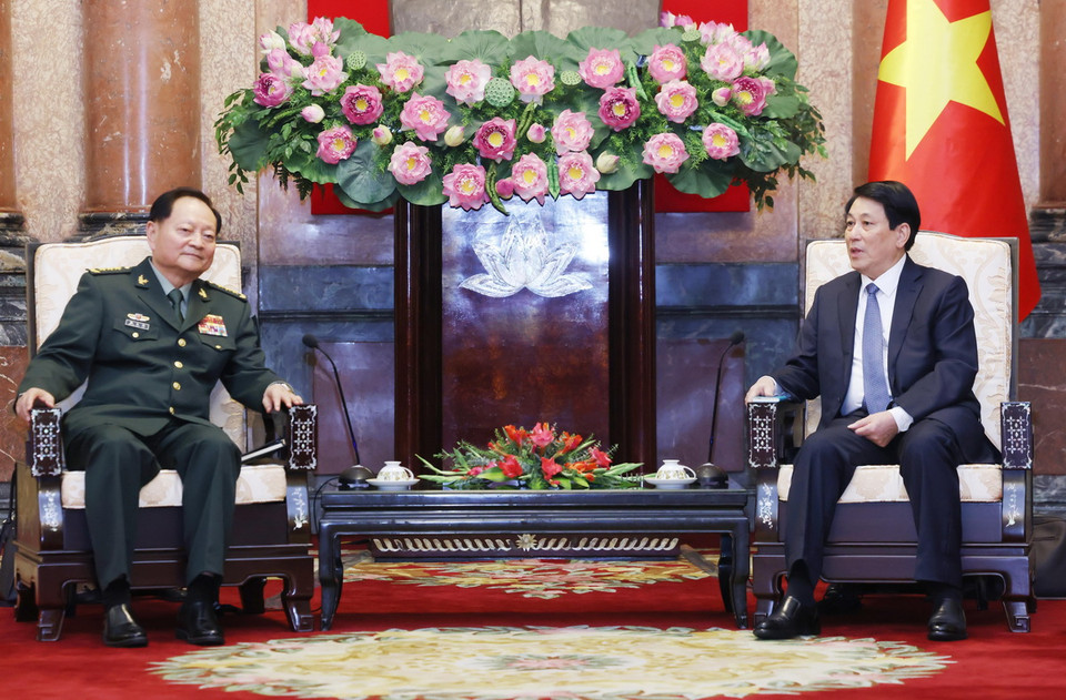 Chủ tịch nước Lương Cường tiếp Thượng tướng Trương Hựu Hiệp, Ủy viên Bộ Chính trị, Phó Chủ tịch Quân ủy Trung ương Trung Quốc. (Ảnh: Lâm Khánh/TTXVN)