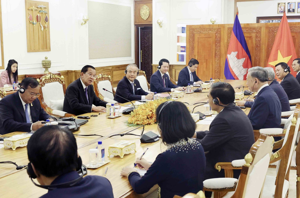 Chủ tịch Đảng CPP, Chủ tịch Thượng viện Campuchia Samdech Techo Hun Sen tại buổi hội đàm. (Ảnh: Nhan Sáng/TTXVN)