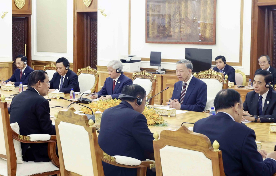 Chủ tịch nước Tô Lâm hội đàm với Chủ tịch Đảng CPP, Chủ tịch Thượng viện Campuchia. (Ảnh: Nhan Sáng/TTXVN)