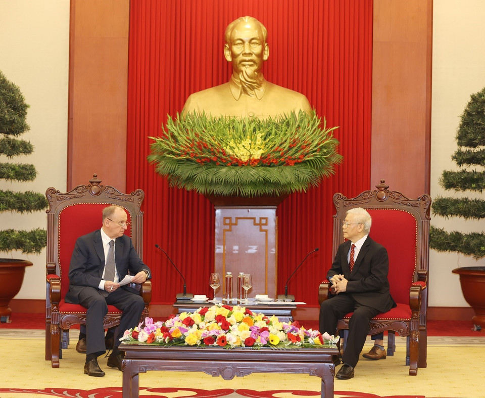 Tổng Bí thư, Chủ tịch nước Nguyễn Phú Trọng tiếp Đại tướng Nikolai Patrushev, Thư ký Hội đồng An ninh Liên bang Nga. (Ảnh: Trí Dũng/TTXVN)