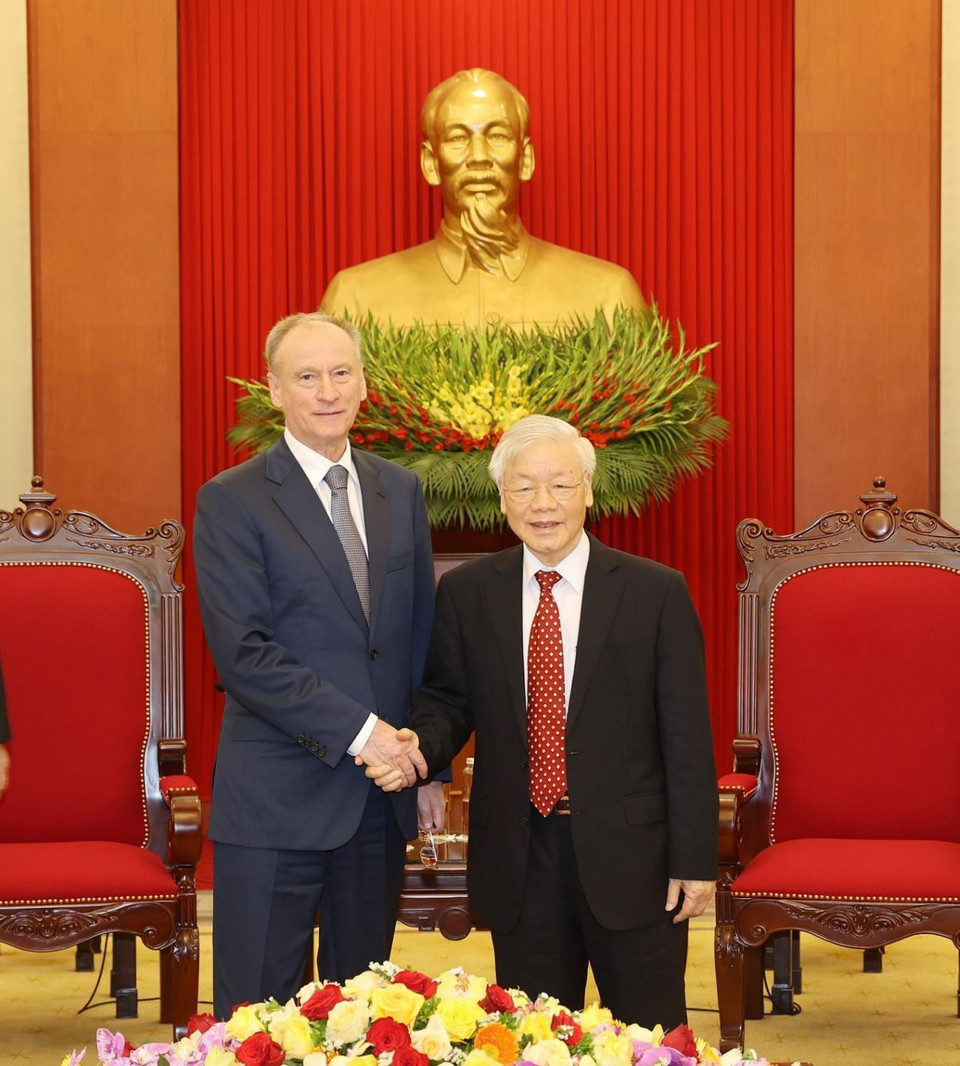 Tổng Bí thư, Chủ tịch nước Nguyễn Phú Trọng tiếp Đại tướng Nikolai Patrushev, Thư ký Hội đồng An ninh Liên bang Nga. (Ảnh: Trí Dũng/TTXVN)