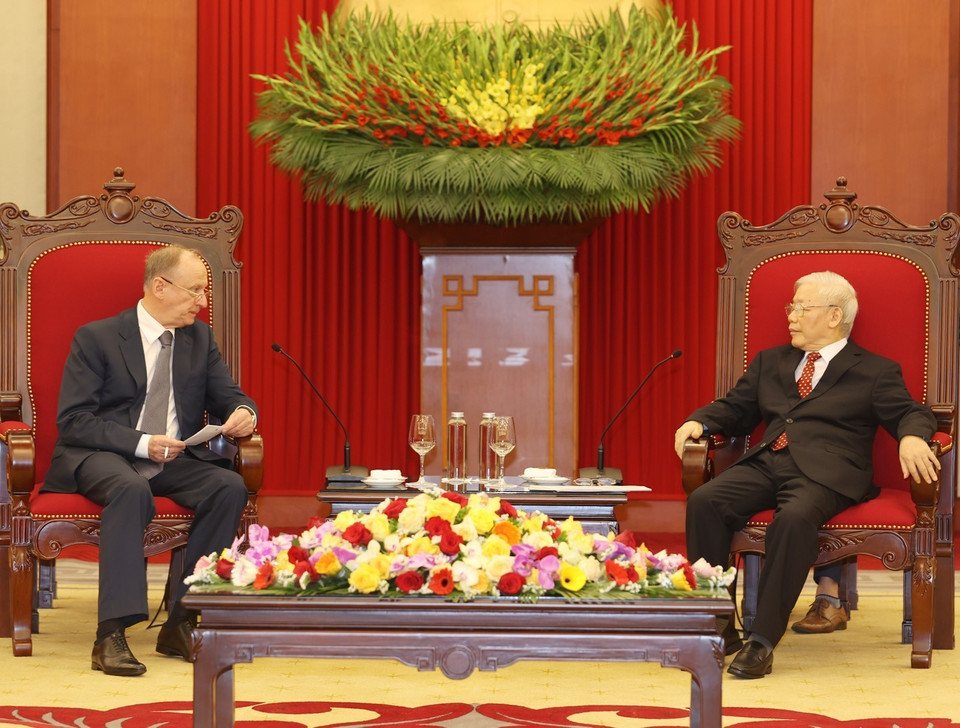 Tổng Bí thư, Chủ tịch nước Nguyễn Phú Trọng tiếp Đại tướng Nikolai Patrushev, Thư ký Hội đồng An ninh Liên bang Nga. (Ảnh: Trí Dũng/TTXVN)