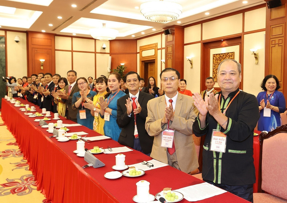 Các đại biểu tham dự buổi gặp mặt Tổng Bí thư Nguyễn Phú Trọng. (Ảnh: Trí Dũng/TTXVN)