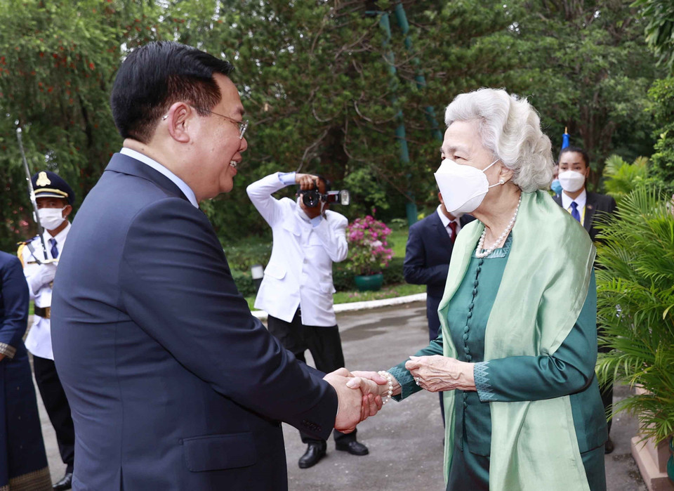 Chủ tịch Quốc hội Vương Đình Huệ yết kiến Hoàng Thái hậu Campuchia Norodom Monineath Sihanouk. (Ảnh: Doãn Tấn/TTXVN)