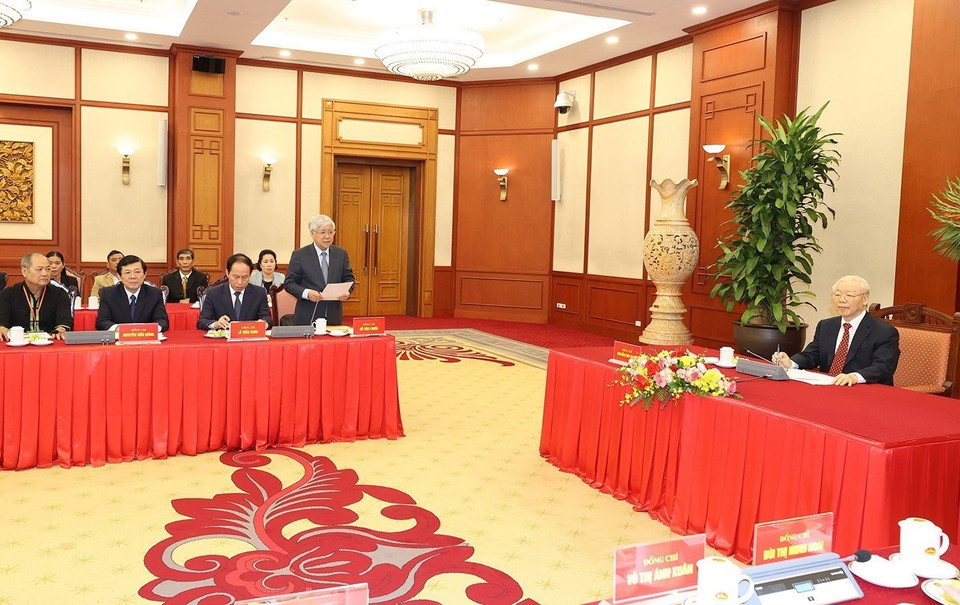 Đồng chí Đỗ Văn Chiến, Bí thư Trung ương Đảng, Chủ tịch Ủy ban Trung ương Mặt trận Tổ quốc Việt Nam phát biểu. (Ảnh: Trí Dũng/TTXVN)