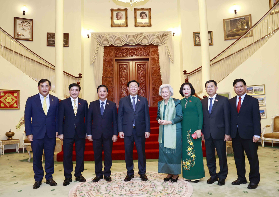 Chủ tịch Quốc hội Vương Đình Huệ và các đại biểu đoàn Việt Nam chụp ảnh chung với Hoàng Thái hậu Norodom Monineath Sihanouk. (Ảnh: Doãn Tấn/TTXVN)