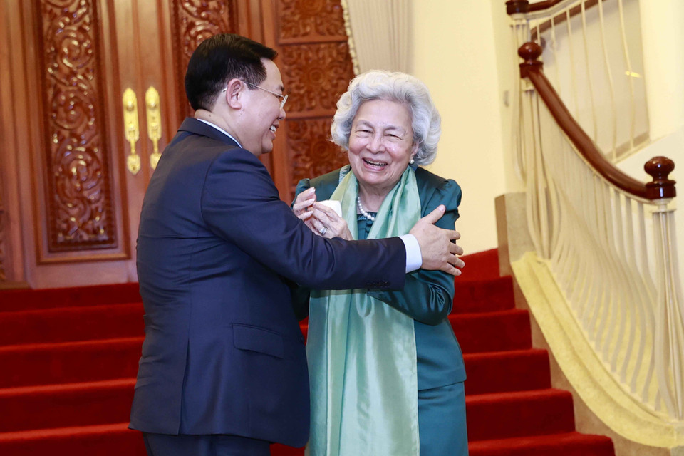 Chủ tịch Quốc hội Vương Đình Huệ yết kiến Hoàng Thái hậu Campuchia Norodom Monineath Sihanouk. (Ảnh: Doãn Tấn/TTXVN)