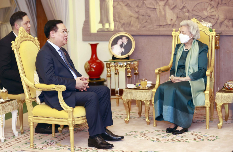 Chủ tịch Quốc hội Vương Đình Huệ yết kiến Hoàng Thái hậu Campuchia Norodom Monineath Sihanouk. (Ảnh: Doãn Tấn/TTXVN)