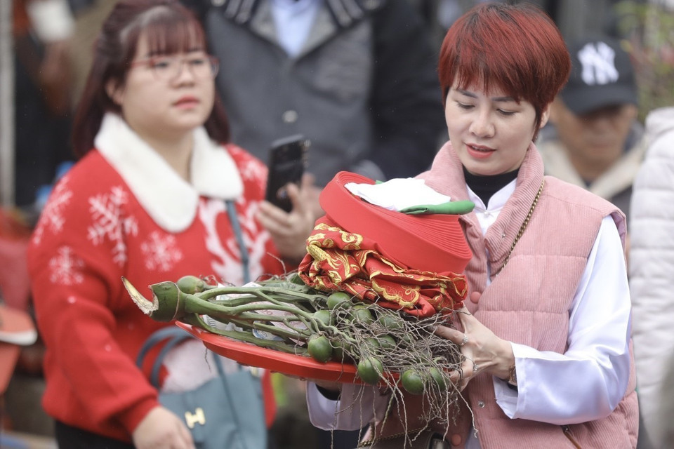 Người dân địa phương và du khách sắp lễ đến đền Trần từ sáng sớm 4/2 để cầu một năm mới mạnh khỏe, an khang và hạnh phúc. (Ảnh: Minh Quyết/TTXVN)