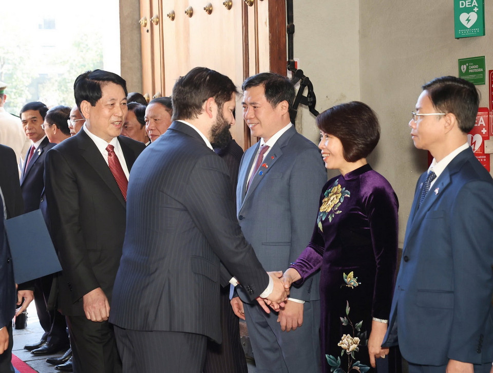 Chủ tịch nước Lương Cường giới thiệu với Tổng thống Chile Gabriel Boric Font thành viên đoàn Việt Nam. (Ảnh: Lâm Khánh/TTXVN)