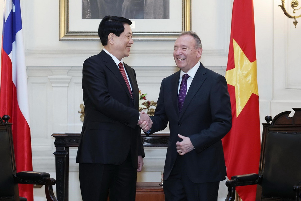 Chủ tịch nước Lương Cường hội kiến Chủ tịch Thượng viện Chile José García Ruminot. (Ảnh: Lâm Khánh/TTXVN)