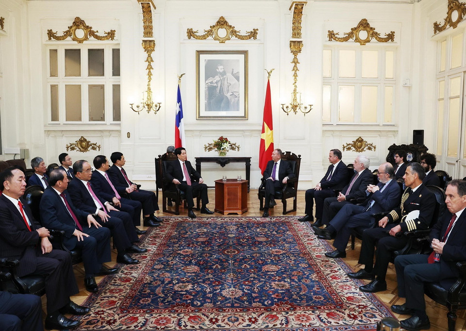 Chủ tịch nước Lương Cường hội kiến Chủ tịch Thượng viện Chile José García Ruminot. (Ảnh: Lâm Khánh/TTXVN)