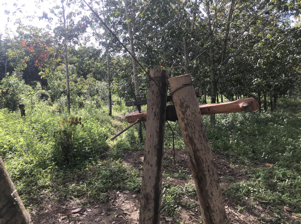 Hệ thống cáp treo được kết nối bởi những khúc gỗ với sợi thép không chắc chắn. (Ảnh: Khoa Chương/TTXVN)