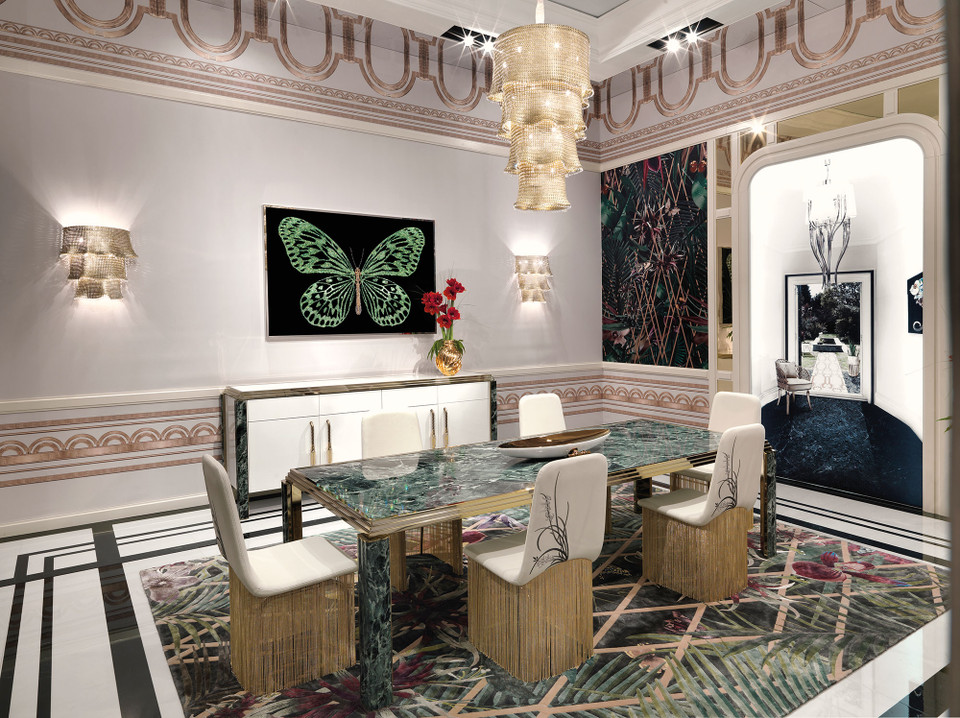 Truyền thông thế giới nhiều năm qua ca ngợi Alessandro La Spada là 'bậc thầy của phong cách Glamour Neo-Gothic' phong cách hào nhoáng mang âm hưởng trung cổ đương đại). Bộ sưu tập phòng ăn Ascanio này độc đáo ở chỗ đã phối hợp đá, vải và kim loại theo phong cách sang trọng. (Nguồn: Visionnaire)