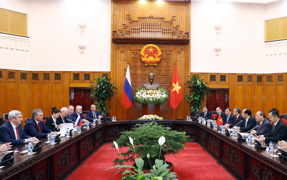 Thủ tướng Nguyễn Xuân Phúc tiếp ông Vyacheslav Viktorovich Volodin, Chủ tịch Duma Quốc gia, Quốc hội Liên bang, Liên bang Nga đang thăm chính thức Việt Nam. (Ảnh: Thống Nhất/TTXVN)