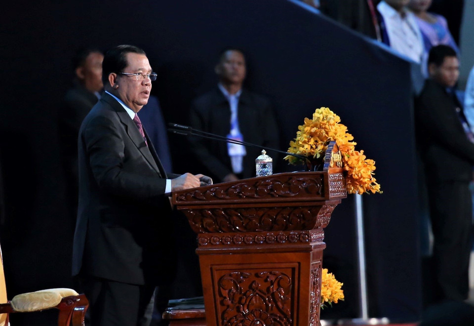 Thủ tướng Chính phủ Hoàng gia Campuchia Samdech Techo Hun Sen phát biểu bế mạc ASEAN Para Games 12. (Ảnh: Huỳnh Thảo/TTXVN)