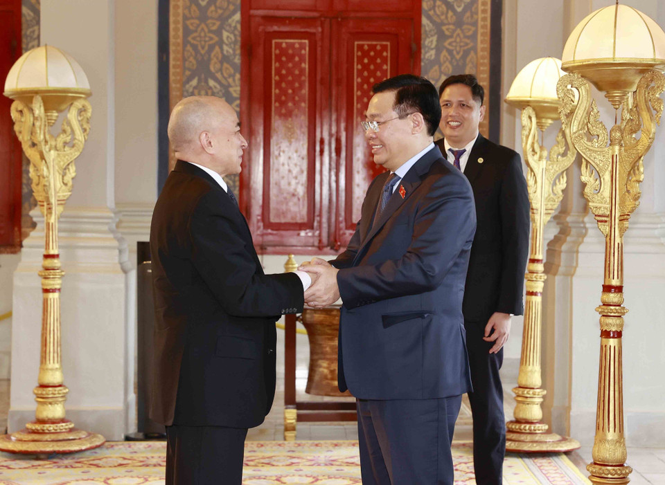 Chiều 19/11, tại thủ đô Phnom Penh, Chủ tịch Quốc hội Vương Đình Huệ yết kiến Quốc vương Campuchia Norodom Sihamoni. (Ảnh: Doãn Tấn/TTXVN)