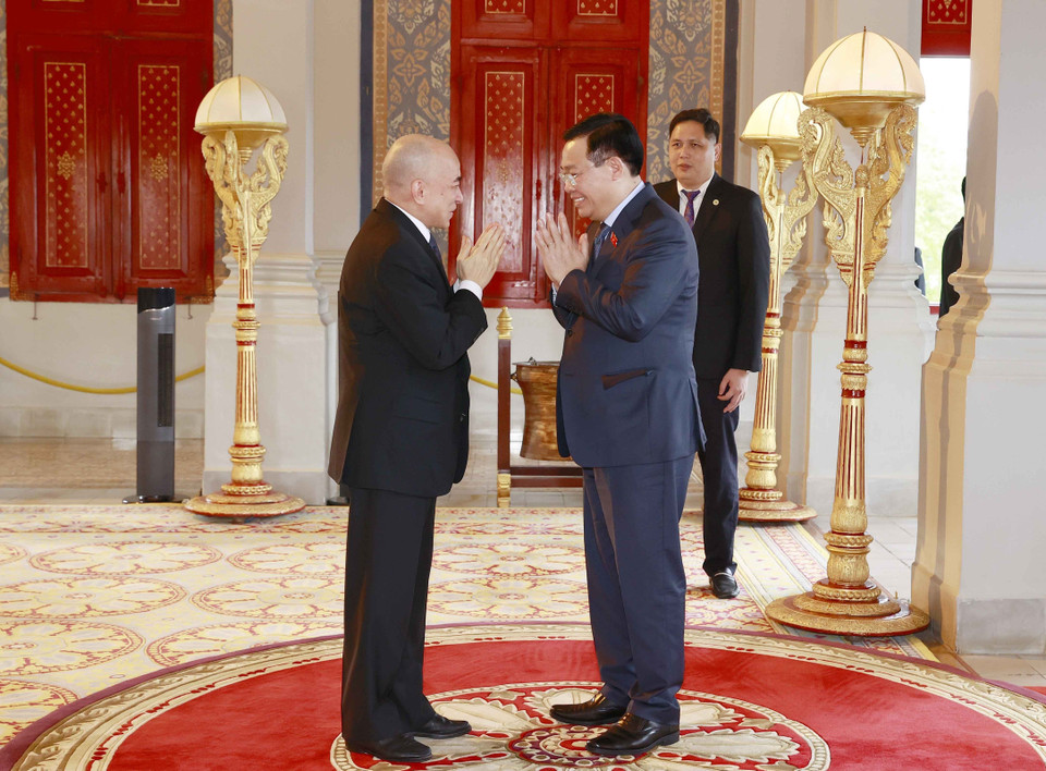 Chủ tịch Quốc hội Vương Đình Huệ yết kiến Quốc vương Campuchia Norodom Sihamoni. (Ảnh: Doãn Tấn/TTXVN)