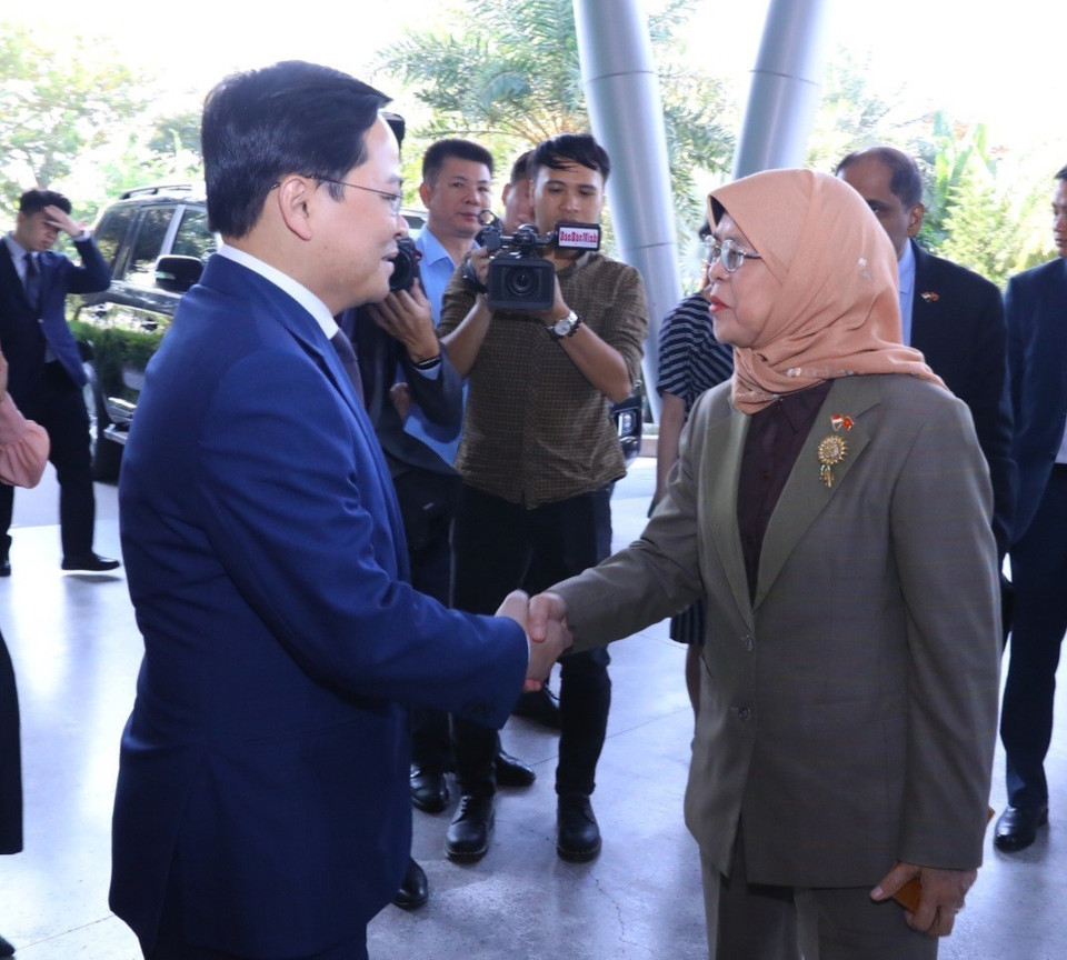 Bí thư Tỉnh ủy Bắc Ninh Nguyễn Anh Tuấn đón Tổng thống Cộng hòa Singapore Halimah Yacob đến thăm Khu Công nghiệp VSIP Bắc Ninh. (Ảnh: Văn Điệp/TTXVN)