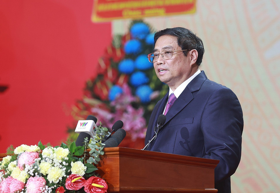Thủ tướng Phạm Minh Chính đọc diễn văn tại Lễ kỷ niệm. (Ảnh: Dương Giang/TTXVN)