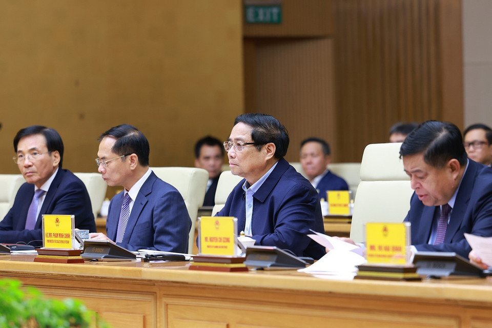 Thủ tướng Phạm Minh Chính phát biểu tại cuộc làm việc với nhà sáng lập kiêm Giám đốc điều hành Tập đoàn NVIDIA, ông Jensen Huang. (Ảnh: Dương Giang/TTXVN)