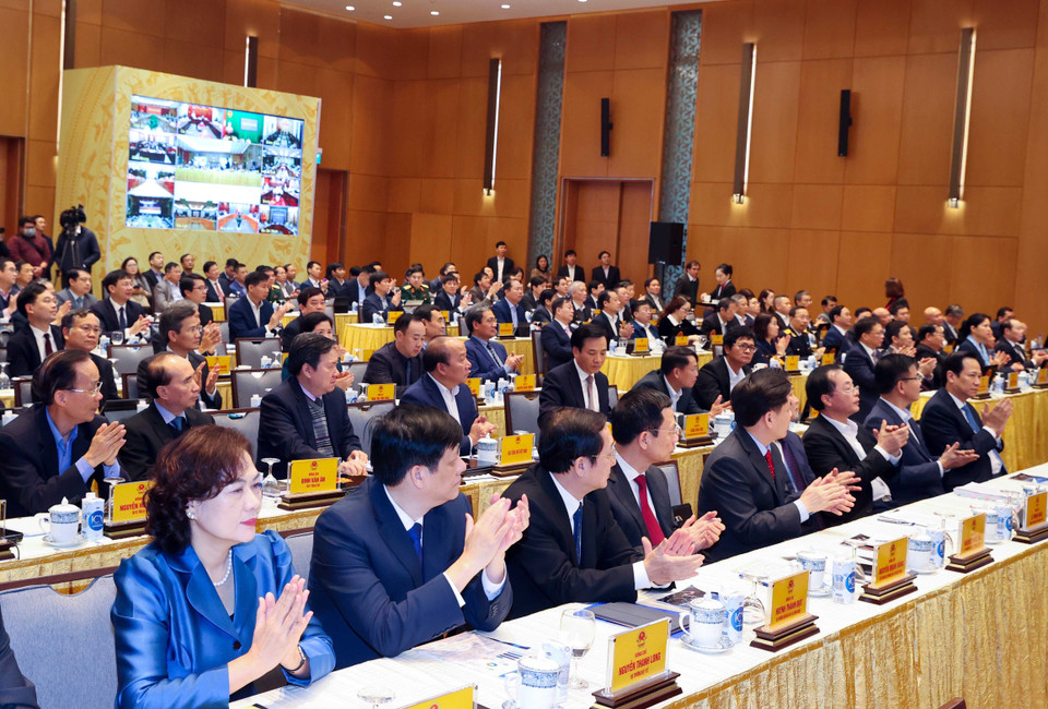 Các đại biểu dự hội nghị tại điểm cầu Hà Nội. (Ảnh: Thống Nhất/TTXVN)