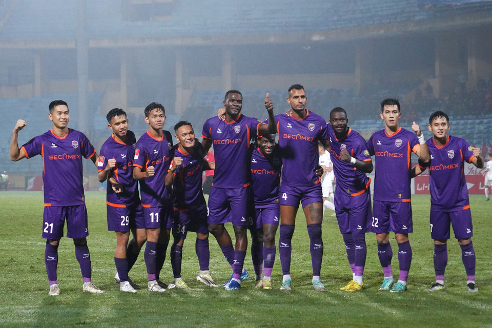 Các cầu thủ Becamex Bình Dương ăn mừng bàn thắng. (Ảnh: Việt Anh/Vietnam+)