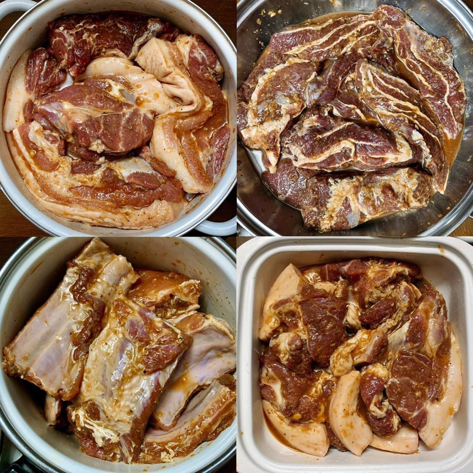 Lưu ý là phải mua được những miếng thịt tươi mới. Thịt bò, thịt lợn, sườn rửa sạch, thấm khô và tẩm ướp tỉ lệ 1 nước tương : 1/2 dầu hào, các loại gia vị khác mỗi thứ một ít. Tẩm ướp gia vị dùng cho các món chiên, nướng. (Ảnh: Đậu Đậu/Vietnam+)