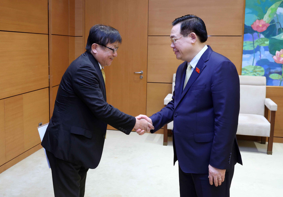 Chủ tịch Quốc hội Vương Đình Huệ với đồng Chủ tịch Ủy ban Kinh tế Nhật-Việt Masayoshi Fujimoto. (Ảnh: Nhan Sáng/TTXVN)