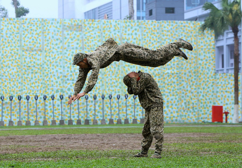 Các chiến sỹ đặc công biểu diễn võ thuật tại buổi lễ. (Ảnh: An Đăng/TTXVN)