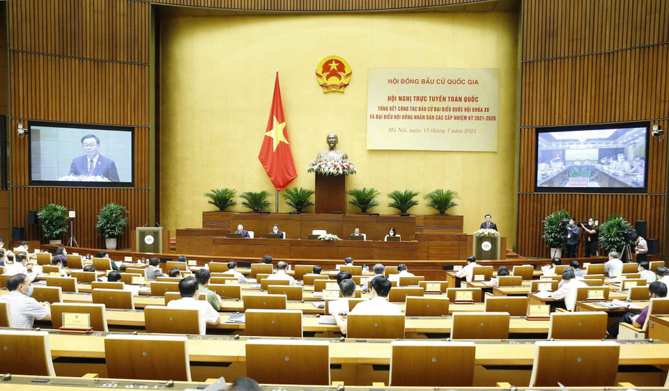 Quang cảnh Hội nghị trực tuyến toàn quốc tổng kết công tác bầu cử đại biểu Quốc hội khóa XV và đại biểu Hội đồng Nhân dân các cấp nhiệm kỳ 2021-2026. (Ảnh: Doãn Tấn/TTXVN)