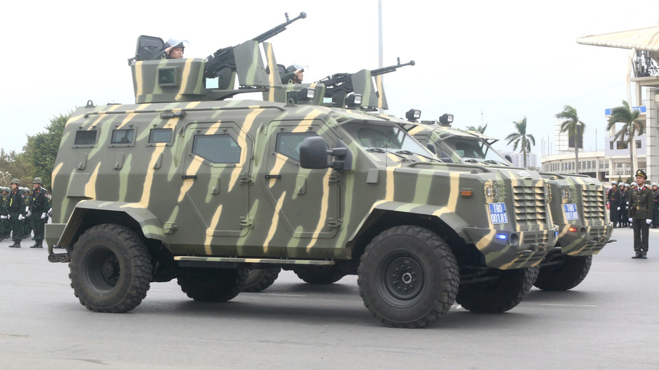 Xe đặc chủng của lực lượng Cảnh sát cơ động tham gia diễn tập. (Ảnh: TTXVN phát)