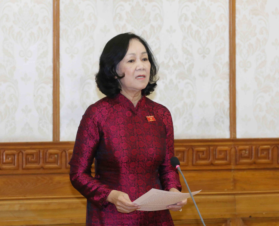Bà Trương Thị Mai, Ủy viên Bộ Chính trị, Trưởng Ban Tổ chức Trung ương phát biểu. (Ảnh: Phương Hoa/TTXVN)
