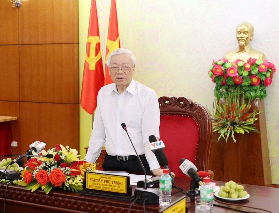 Tổng Bí thư, Chủ tịch nước Nguyễn Phú Trọng phát biểu tại buổi làm việc với Ban Thường vụ Tỉnh ủy Đắk Lắk. (Ảnh: Trí Dũng/TTXVN)