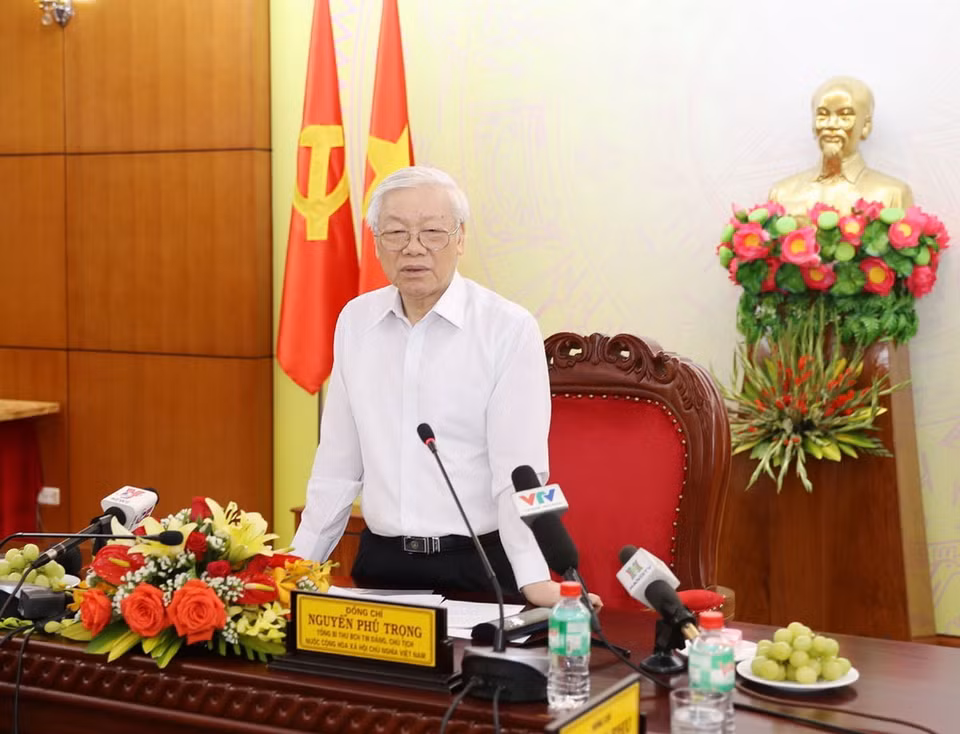 Tổng Bí thư, Chủ tịch nước Nguyễn Phú Trọng phát biểu tại buổi làm việc với Ban Thường vụ Tỉnh ủy Đắk Lắk. (Ảnh: Trí Dũng/TTXVN)